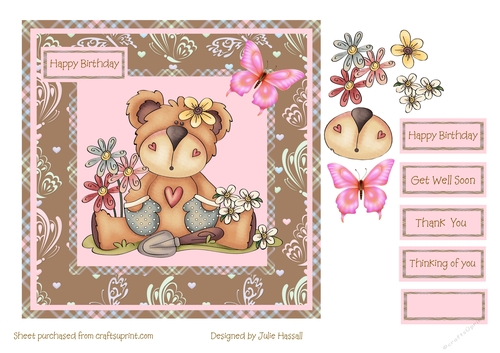 Multi purpose card with decoupage gardener teddy & butterfly