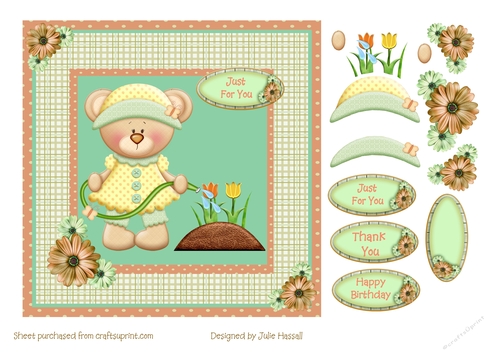 Teddy Bear watering flowers with decoupage