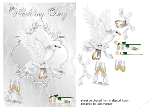 Wedding day card with dove, rings, bible, rose & champagne