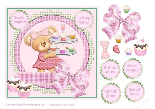 Birthday card for Daughter, Sister, Niece with teddy carrying cupcakes