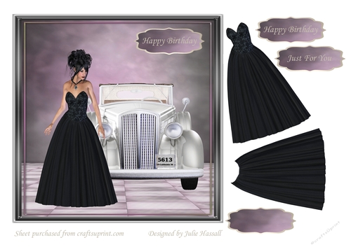 Birthday card with elegant lady and vintage car