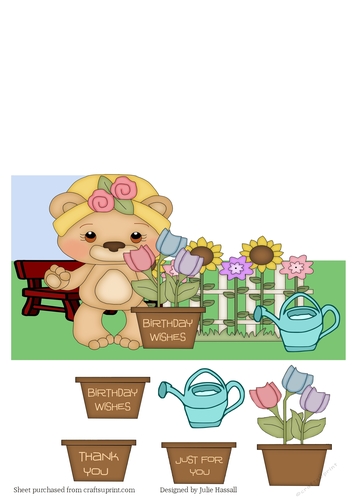 Shaped card with teddy bear gardener