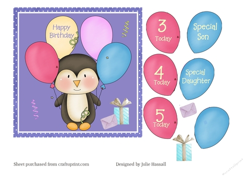 Birthday card  for son or daughter with penguin & balloons, choice of ages