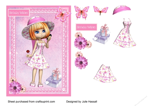 Birthday card with teenage girl, flowers, butterfly & gifts