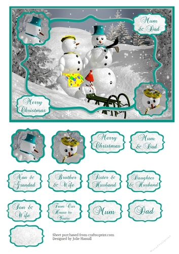 Christmas card snowman scene with family tags