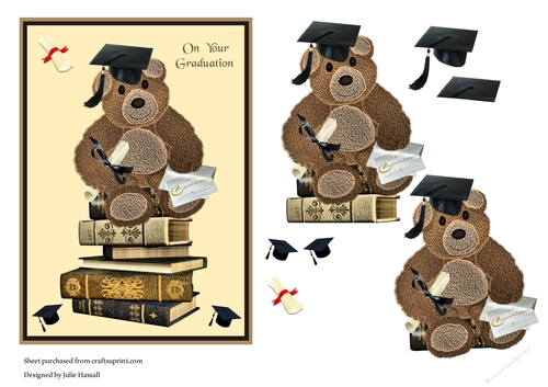 Graduation card with teddy, books, mortar board and certificate