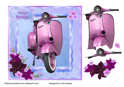 Birthday card with vespa moped and flowers