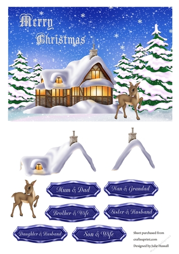 Christmas card with cosy cottage in winter scene with reindeer