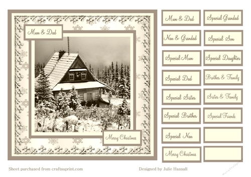 Christmas card front with winter scene and family tags