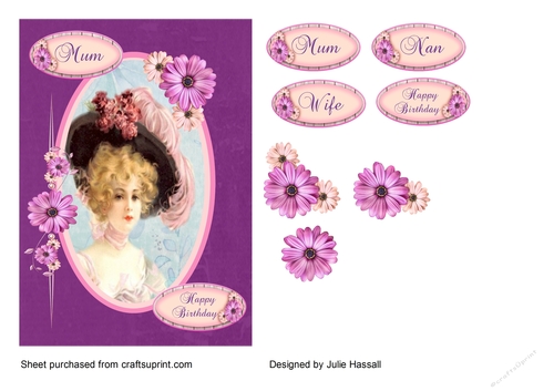 Vintage lady in oval frame  with decoupage flowers