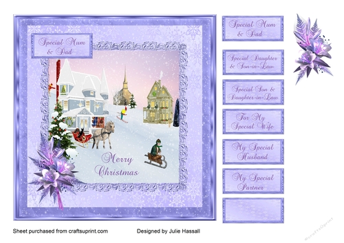 Christmas card with winter scene and floral embellishment