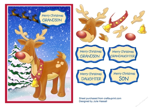 Cute reindeer Christmas card with decoupage