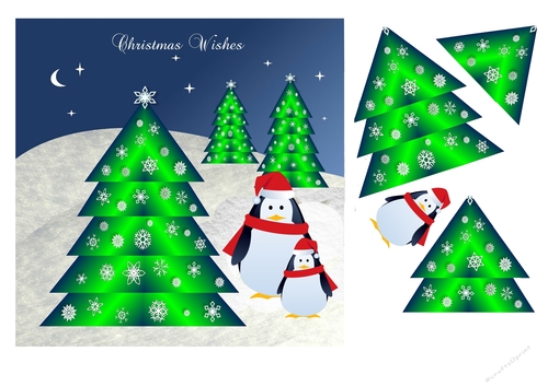 Christmas card with decoupage Christmas trees & penguins