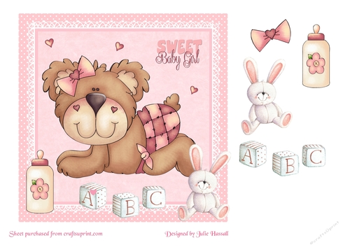Baby girl card with cute teddy, bunny and bottle