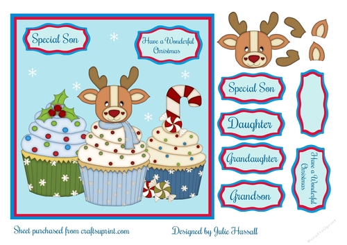 Christmas card with reindeer & candy stick cupcakes