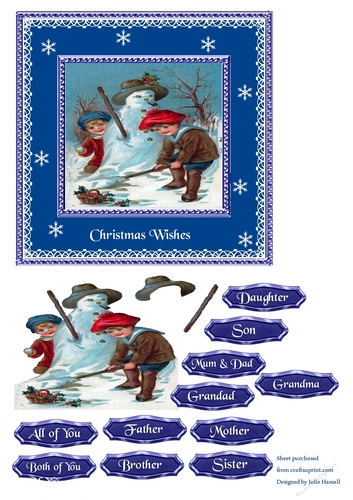 Christmas card with vintage children and snowman