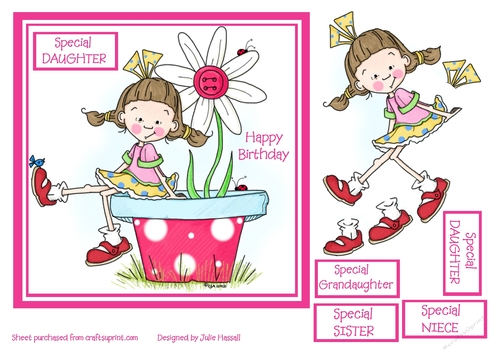 Birthday card with girl sitting on plant pot