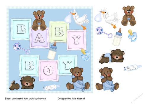 Baby Boy card with baby teddies, rattle, dummy, bottle. stork & name tag