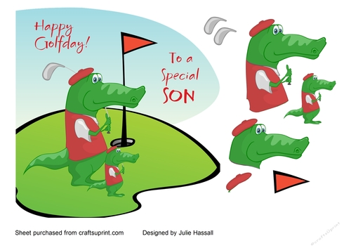 Birthday card for Son with decoupage crocodile playing golf