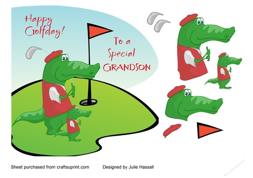 Birthday card for Grandson with decoupage crocodile playing golf