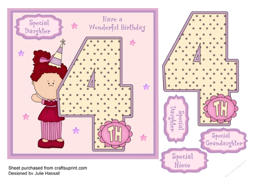 4th Birthday card for Daughter, Grandaughter or Niece