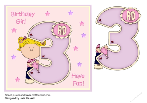 3rd Birthday card for little girl with large number 3 