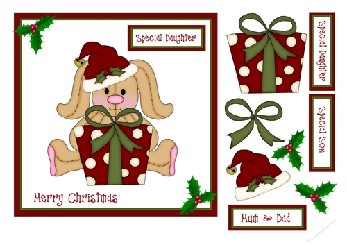 Christmas card with bunny with present and santa hat
