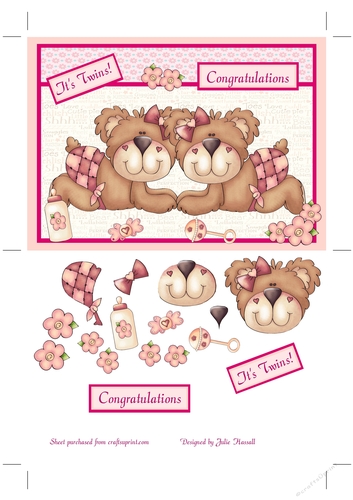 New Baby twins card with teddy bears, bottle, flowers, rattle, bow & soother
