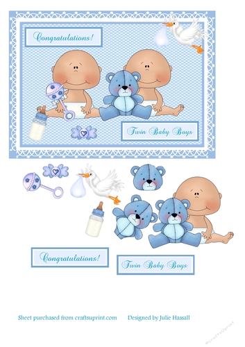 Baby Boy Twins card with 3D teddy, rattle, stork & soother