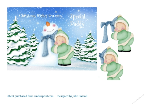 Christmas card for Daddy with child cuddling snowman