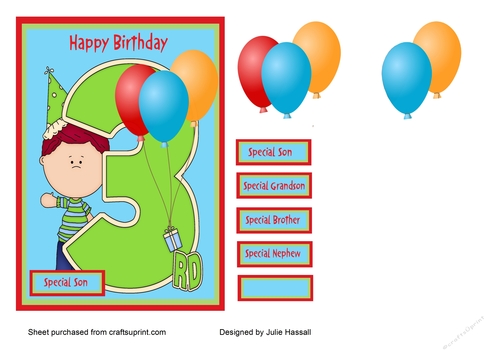 Birthday card for boys with large number 3 and balloons