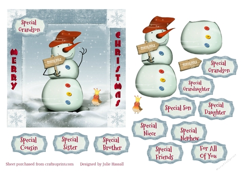 Christmas card with Snowman going to North Pole