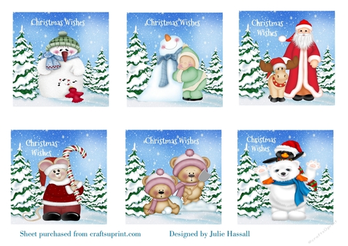 Sheet of 6 cute winter toppers with snowmen, santa, reindeer, bears and mouse