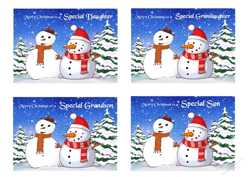 Christmas card toppers with winter scene and snowmen