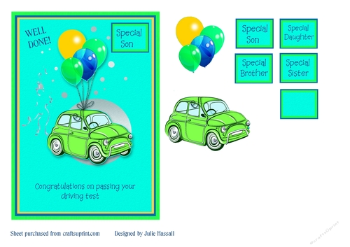 Congratulations on passing your driving test card with balloons