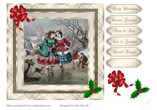 Christmas card with vintage skating scene and family tags