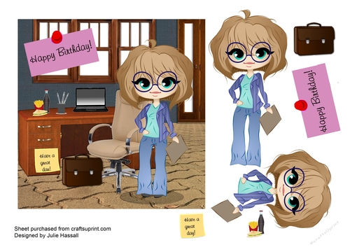 Birthday card with young lady office worker or business woman