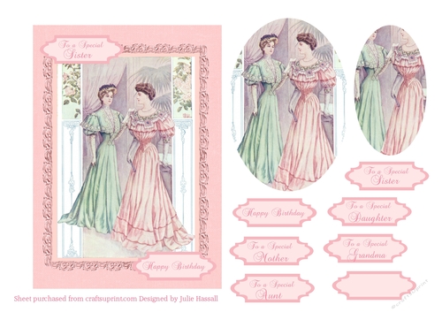 Birthday card with Edwardian ladies and female family sentiments