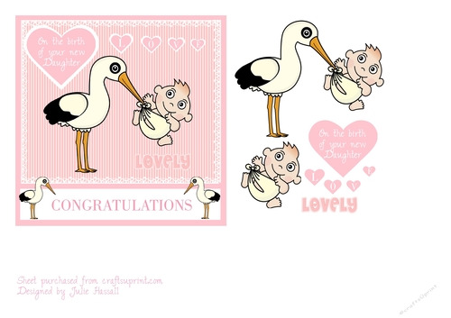 Baby girl card with stork carrying a special bundle of love