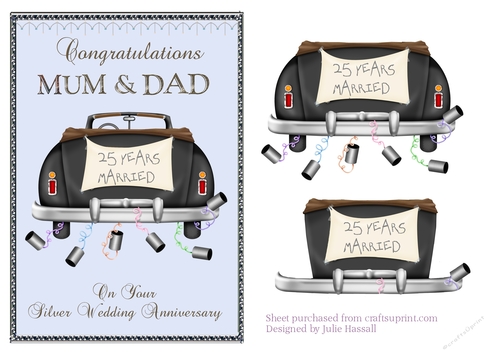 Silver wedding anniversary card for Mum & Dad with wedding car and trailing cans