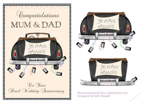 Pearl wedding anniversary card for Mum & Dad with wedding car and trailing cans