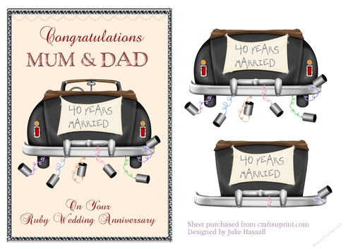 Ruby wedding anniversary card for Mum & Dad with wedding car and trailing cans