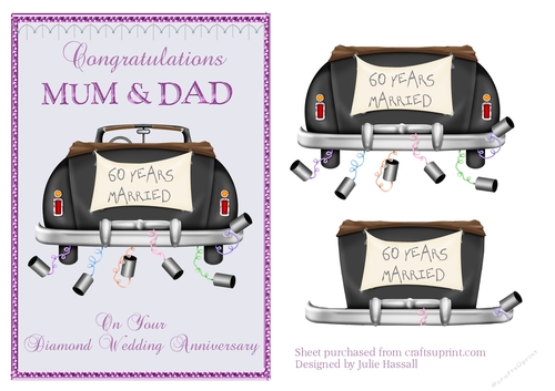 Diamond wedding anniversary card for Mum & Dad with wedding car and trailing cans