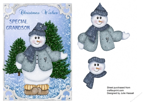Christmas card for Grandson with snowman decoupage