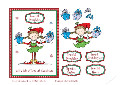 Christmas card with cute elf carrying gifts with decoupage