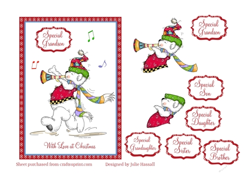 Christmas card with bear playing trumpet & decoupage