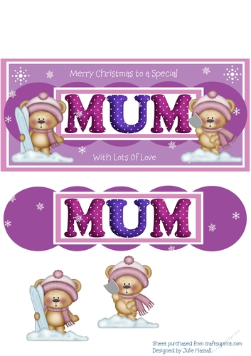 Christmas card for MUM with 3D word panel and teddies in the snow