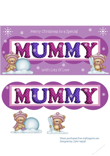 Christmas card for MUMMY with 3D teddies playing in the snow