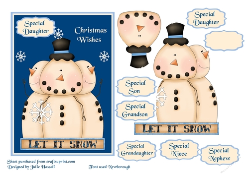 Christmas card with cute snowmen & children family sentiment tags