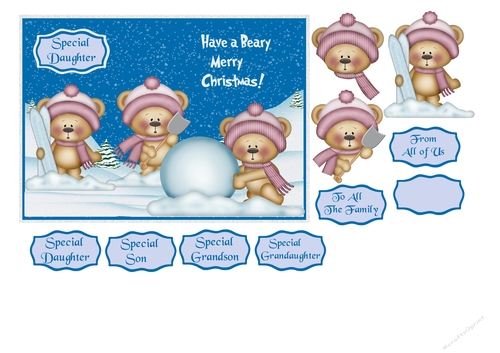 Christmas card with 3D teddies playing in the snow